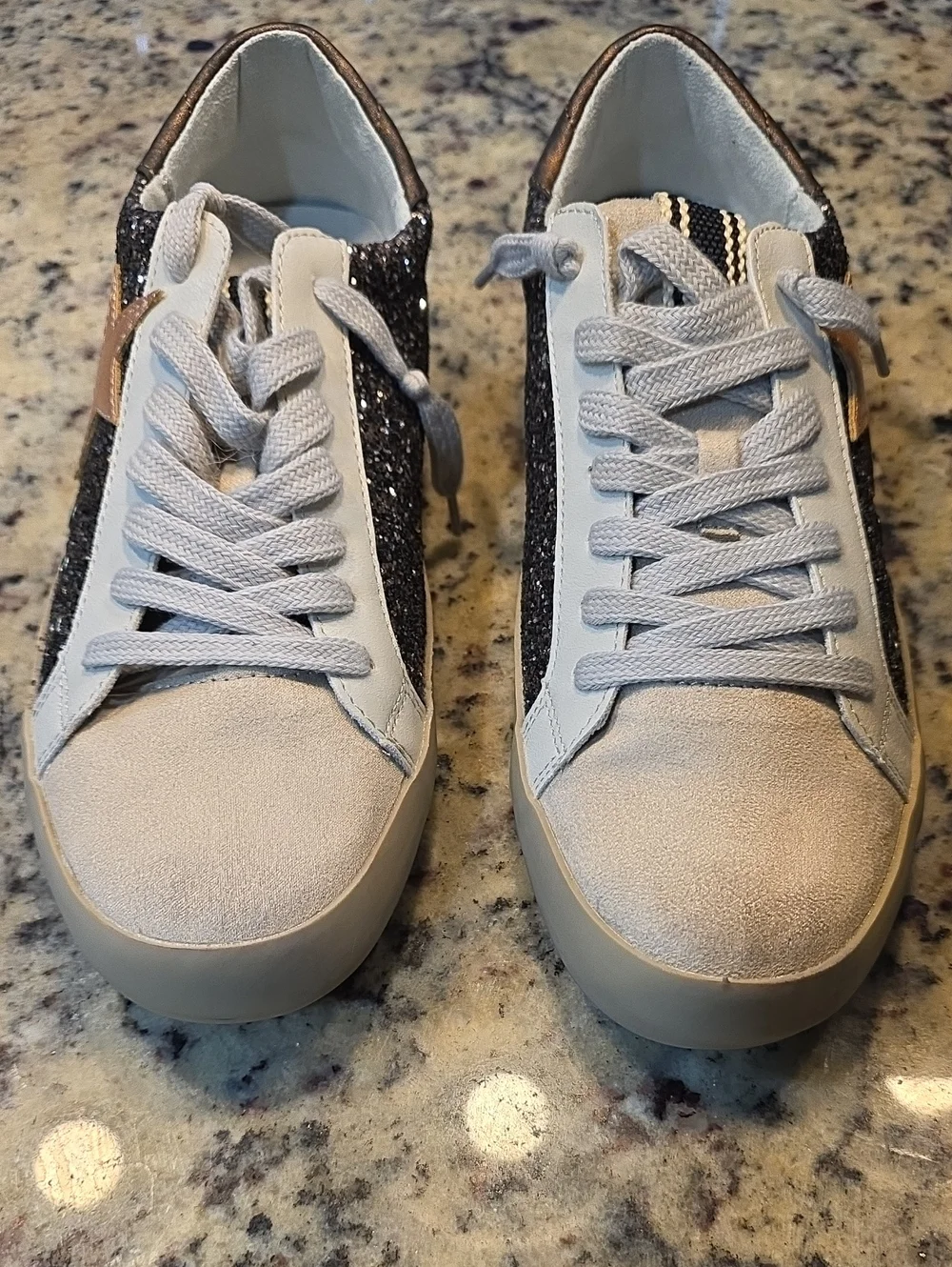 ShuShop Light Gray Suede & Black Glitter Low-Top Sneakers